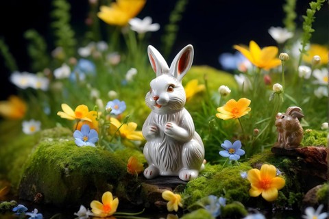 Vintage porcelain rabbit figurine surrounded by small, colorful spring flowers and soft moss, AI