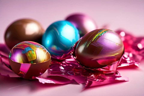 Small chocolate Easter eggs wrapped in shiny foil, placed on a bed of shredded pastel-colored