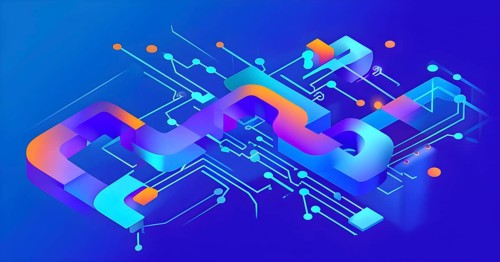 Interlocking geometric shapes that morph into circuits, symbolizing AI logic and algorithms,