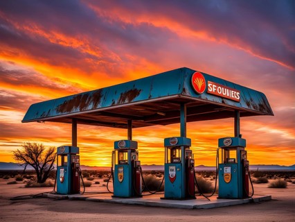 Abandoned retro gas station in the middle of a desert at sundown, with rusted gas pumps and an old