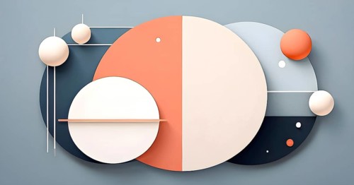 Minimalist composition of overlapping geometric shapes, such as circles, squares, and triangles,