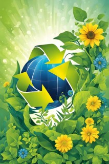 Recycling symbol morphing into growing plants and solar cells to symbolize the transformation of