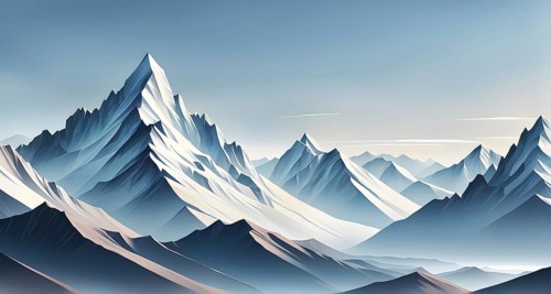 Abstract mountain range made of clean, geometric shapes with varying tones of grey and white, AI