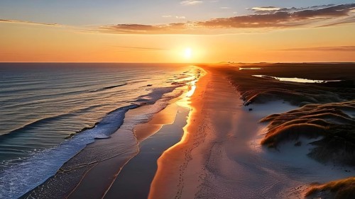 Aerial view of Sunset mood on a whispering tranquil costal landscape with sandy beach, AI generated