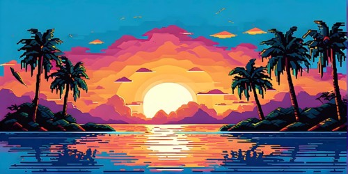 Pixel art illustration of a tropical island paradise with palm trees and sandy beach, AI generated