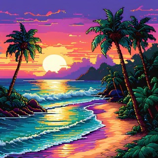 Pixel art illustration of a tropical island paradise with palm trees and sandy beach, AI generated