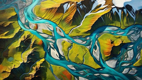 Aerial view perpendicular top down of an abstract colorful river along the coastline, AI generated