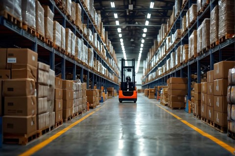 Distribution warehouse with cardboard boxes neatly stacked on pallets, AI generated