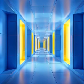 Windows aligned within an elongated tunnel permeated with gradients of blue and yellow hues, AI
