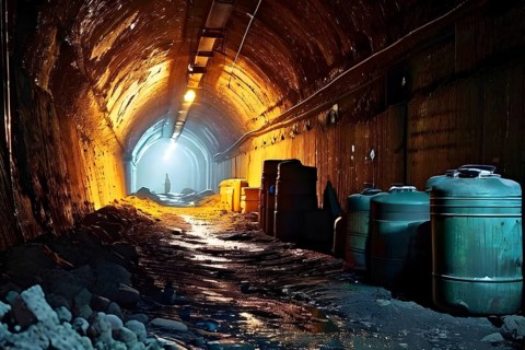 Nuclear waste clandestinely placed in an ancient deserted subterranean passage, AI generated