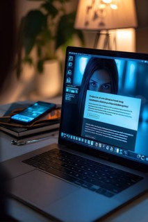 AI generated phishing email on an open laptop screen with cybersecurity warning popup blocking