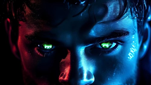 Portrait of a male with yellow eyes in blue neon light, AI generated
