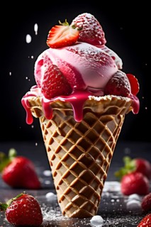 AI generated strawberry gelato perched atop a waffle cone