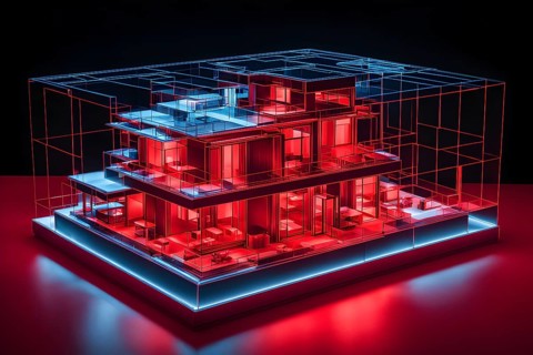 Hologram red modern house architecture wireframe on table, ai generated, AI generated