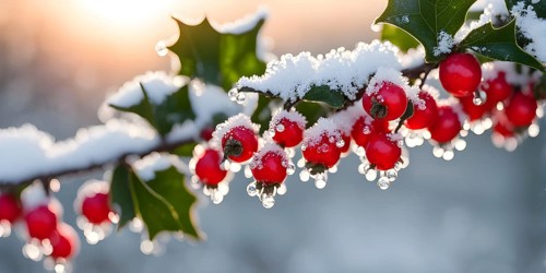 Frosty holly branch with vibrant red berries covered in delicate ice crystals, symbol for upcoming