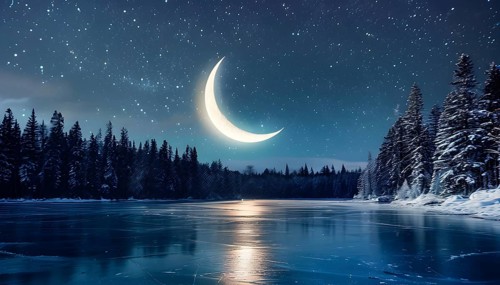 Tranquil winter night scene with a crescent moon and stars shining brightly over a frozen lake,