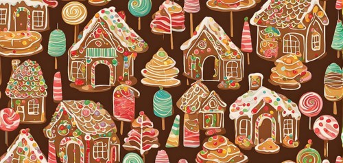 Abstract wallpaper illustration of of gingerbread house decoration, AI generated