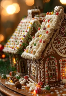 Gingerbread house decorations, focusing on the intricate icing details, colorful candy, and soft,