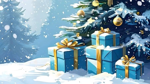 Abstract illustration of wrapped Christmas gifts, shiny ribbons and bows, stacked under a