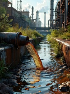 Rusty sewage pipe discharges dirty water into a stream, AI generated