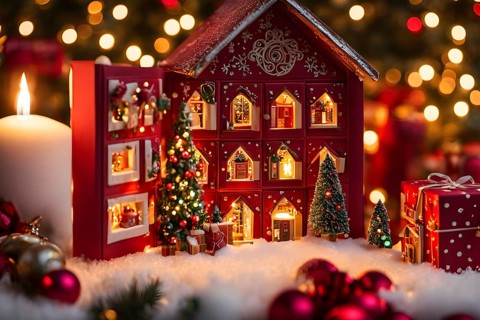 Traditional advent calendar door opening, showing a tiny festive scene inside with miniature