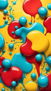 Abstract image with vibrant blue and red blobs and liquid shapes on a yellow background, AI