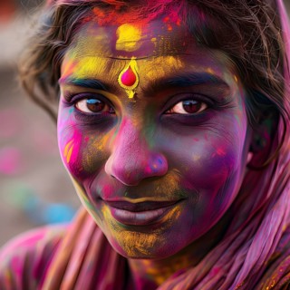 Indian woman colored face portrait during Holi Hindu festival, AI generated