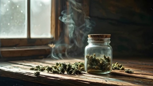 Glass jar filled with dried cannabis buds on a weathered wooden counter, AI generated