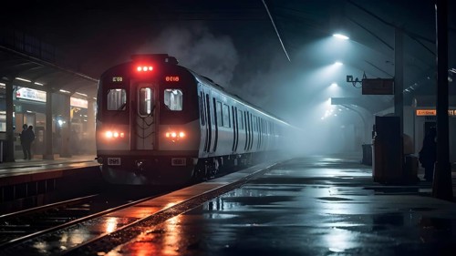 Nighttime train wash in a misty depot with water spray, AI generated