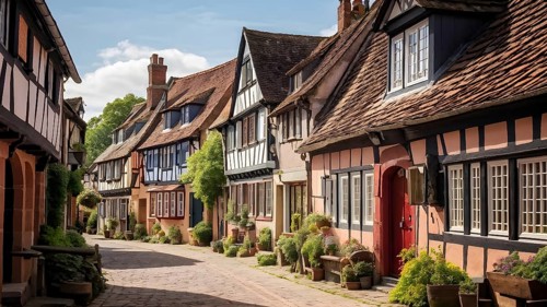 Traditional half timbered house nestled within the heart of a picturesque village in golden hour