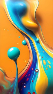 Abstract wallpaper with colorful turquoise and yellow blobs and liquid shapes on a orange
