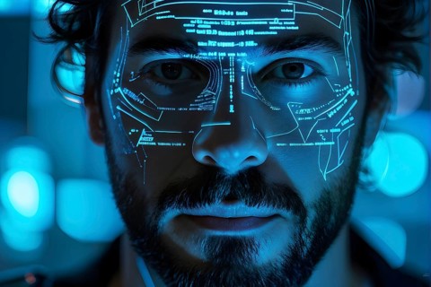 3d digital facial recognition displaying a male face with overlaid ai biometric data, AI generated