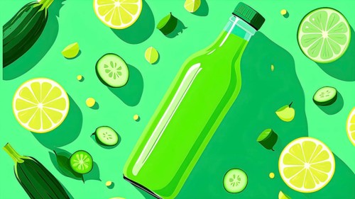Abstract wallpaper composition with bottle of delicious green detox juice and fruits and