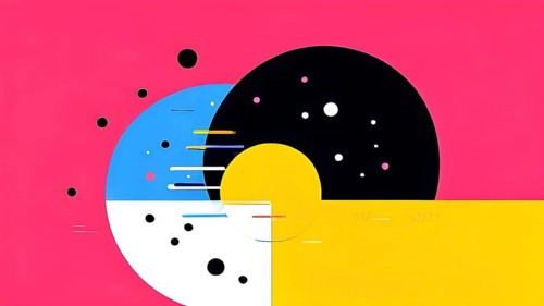 Minimalist illustration featuring abstract shapes in neon colors to convey fun and ease, AI