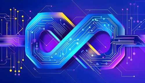 Interlocking geometric shapes that morph into circuits, symbolizing AI logic and algorithms,