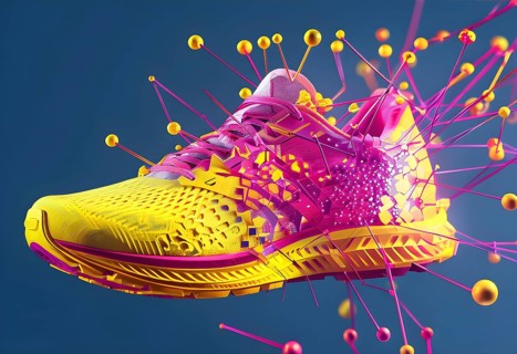 Running shoe, breaking into pixels and data points, morphing into a network of neural nodes,