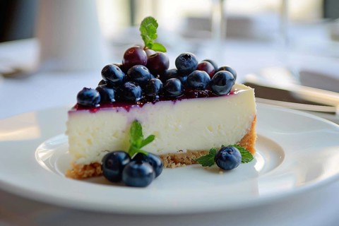 Slice of cheesecake topped with blueberry fruits. Generative Ai, AI generated