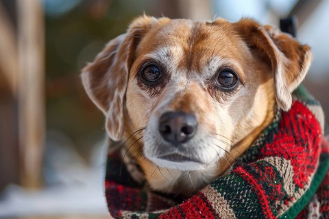 Close up of dog wrapped in warm knitted winter scarf. Generative AI, AI generated