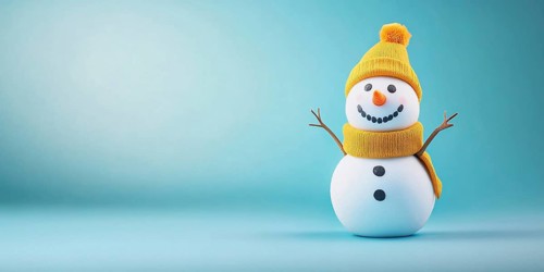 Cute snowman with knitted hatand scarf on blue background with copy space. Generative AI, AI
