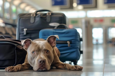 Traveling with a Pit Bull terrier. Dog with luggage in background at airport or train station. KI