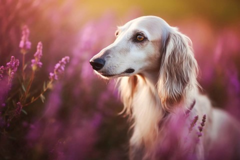 White Saluki dog between purple heather flowers. KI generiert, generiert AI generated