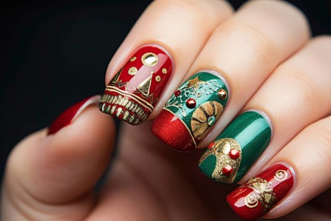 Woman's fingernails with festive green, red and golden Christmas nail art. KI generiert, generiert