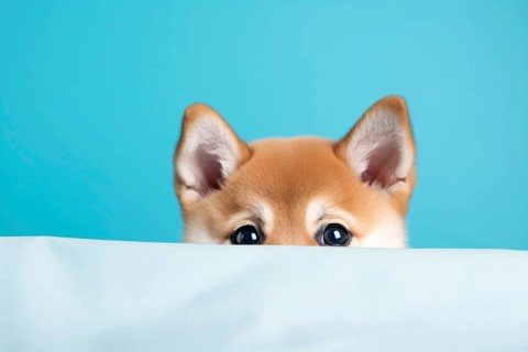 Cute Shiba Inu dog peeking up behind white cloth on blue background. KI generiert, generiert AI