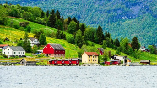 Mountains and Fjord over Norwegian Village, Olden, Innvikfjorden, Norway, Europe