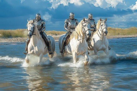 Cyborg soldiers in full battle armor riding white horses in water, AI generated