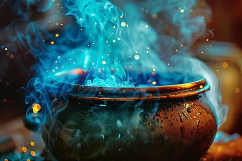 Bubbling blue witch cauldron with smoke. Generative AI, AI generated