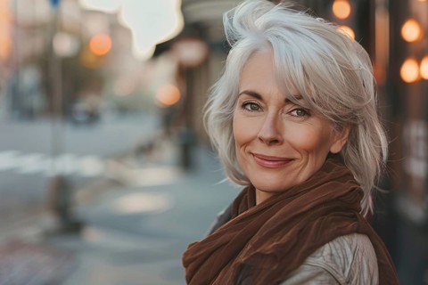 Beautiful elderly woman in her 50s or 60s with youthful appearance with gray hair with blurry stret