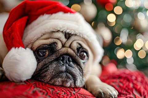 Cute Pug dog with red santa hat in front of blurry christmas tree Generative Ai, AI generated