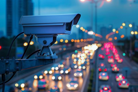 A surveillance camera, CCTV, traffic monitoring on a motorway, blue hour, AI generated, AI