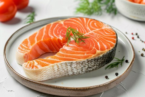 Raw salmon fish steak on plate. KI generiert, generiert, AI generated